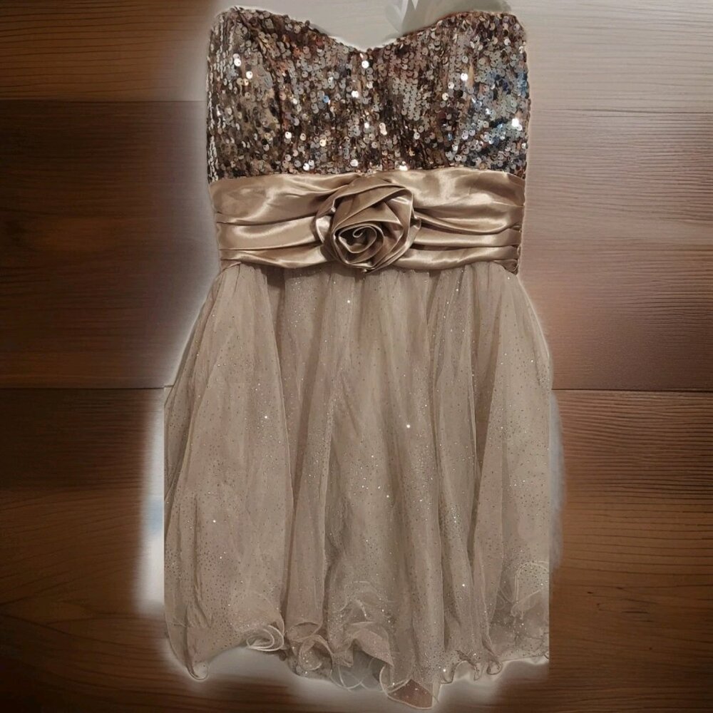 EXTRORDINARY‎ Formal Gold Sequinned Glittery Strapless Dress Junior Size 7
